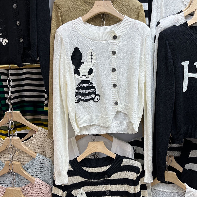 Áo Cardigan Dệt Kim Tay Dài Kẻ Sọc Thêu Hình Thỏ Phong Cách Hàn Quốc Thời Trang Mùa Thu Cho Nữ