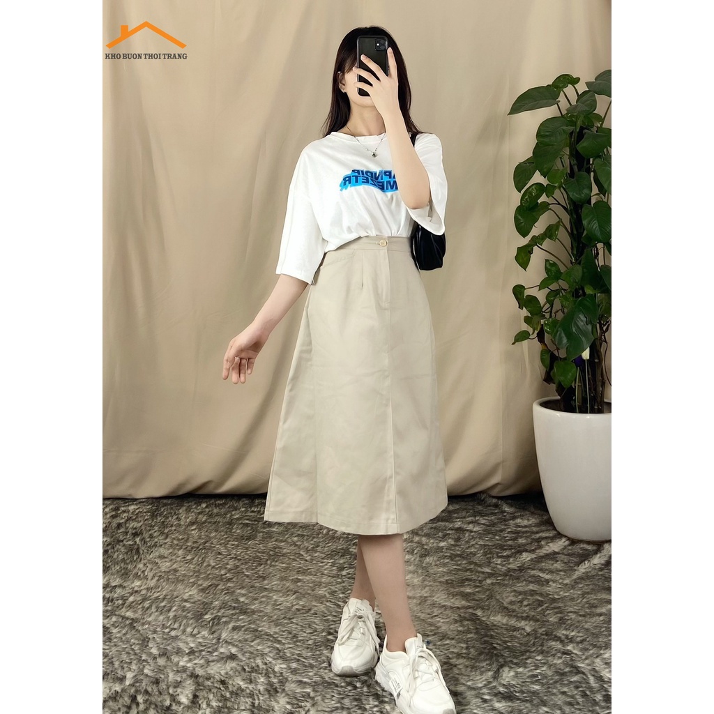 Chân Váy Kaki Dài Dáng Chữ A, cúc khóa trước, chun lưng sau ảnh video thật RetroStyle  CV8801