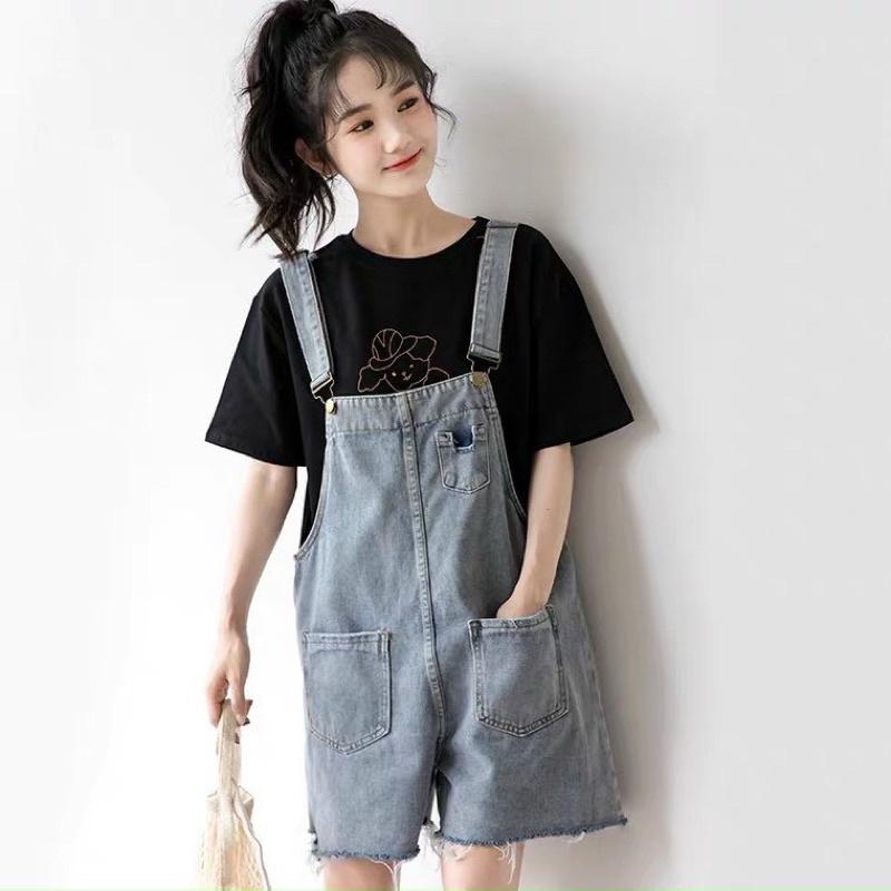 Yếm jean nữ kiểu yếm short nữ phối túi rách trẻ trung phong cách Hàn Quốc thời trang 2KJEAN