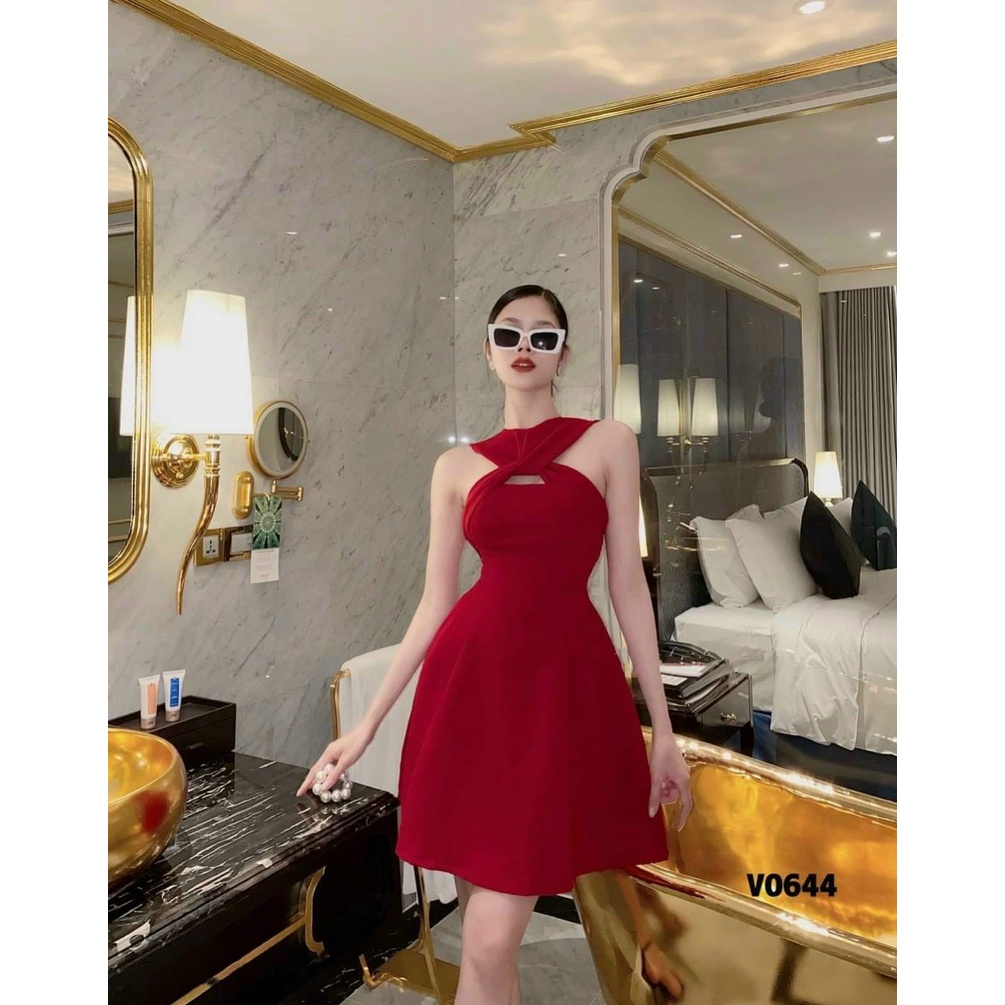 Đầm váy xòe xoắn ngực cổ kiểu yếm ( mẫu có mút ngực ) thiết kế siêu xinh cho nàng dự tiệc, dạ hội, dạo phố