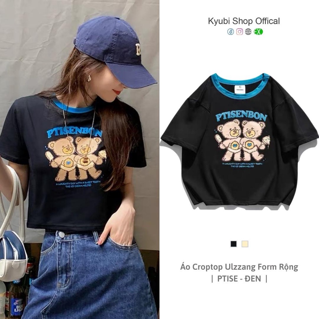 Áo thun croptop PTISE phong cách ulzzang form rộng - Áo phông croptop chất cotton KYUBI CRT21