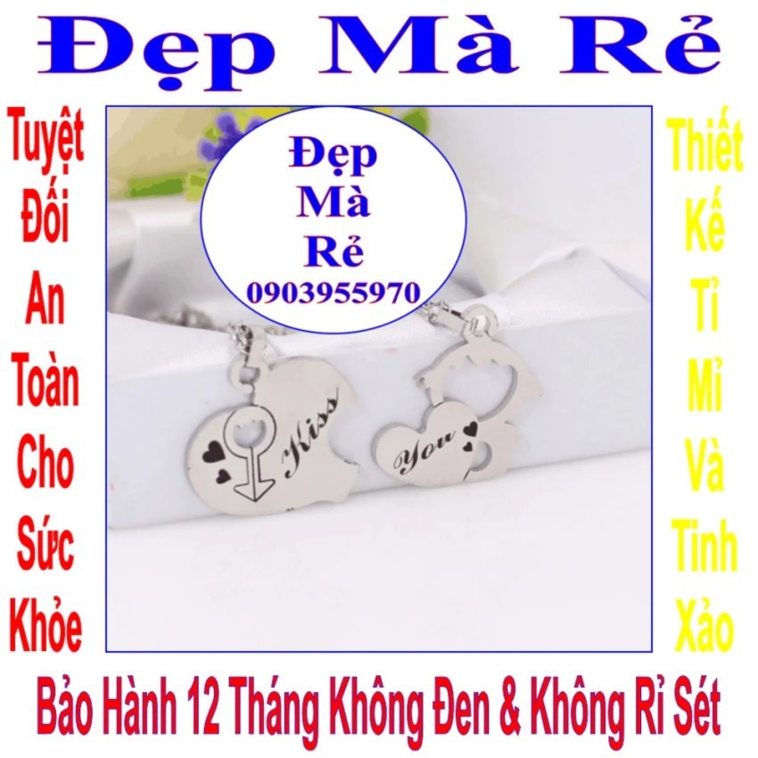 Dây chuyền cặp màu trắng 2 mảnh ghép trái tim và cậu bé tình yêu kết hợp chữ KISS YOU (2 dây)