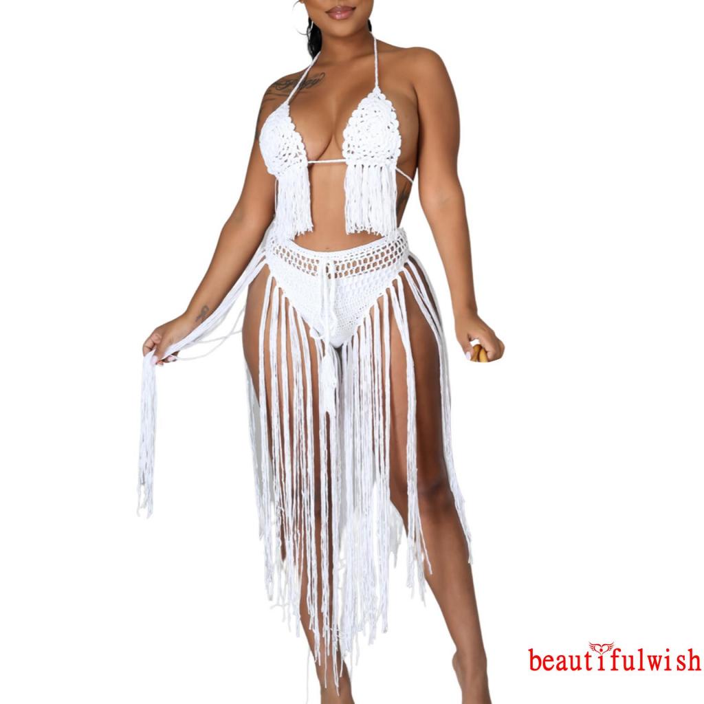 Bộ bikini đan len + quần lót tua rua dài thời trang đi biển mùa hè cho nữ
 | BigBuy360 - bigbuy360.vn