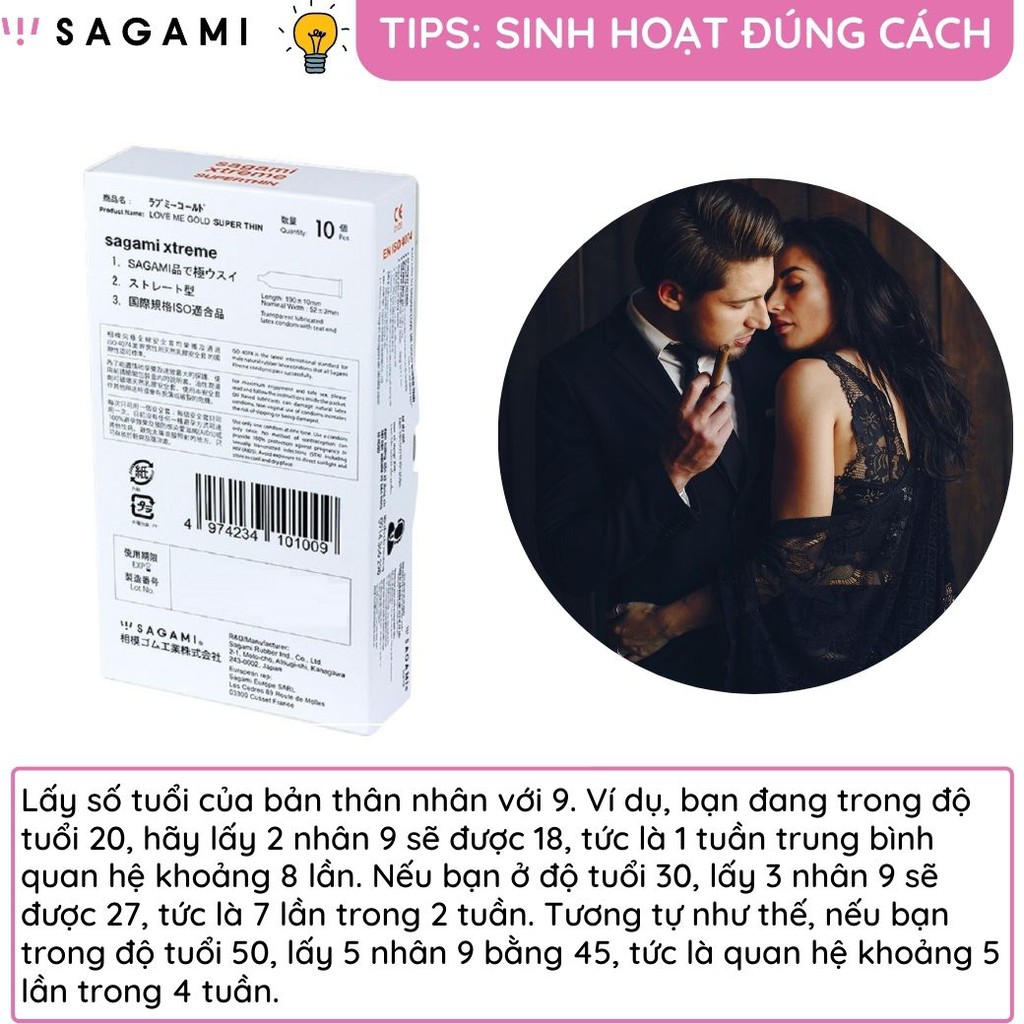 Bao cao su Sagami Xtreme 10 bao/hộp Superthin mỏng trơn chống tuột kéo dài thời gian