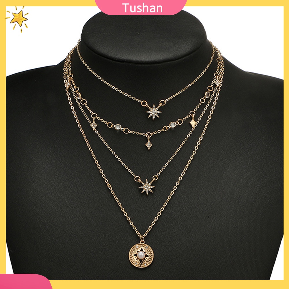 Dây chuyền nhiều lớp mặt ngôi sao gắn ngọc trai giả phong cách boho cho nữ