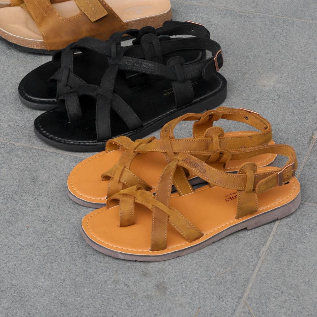 Dép sandal da bò nam dây chéo Lucas Shoes xỏ ngón quai hậu, thoáng mát, đi biển, thời trang công sở