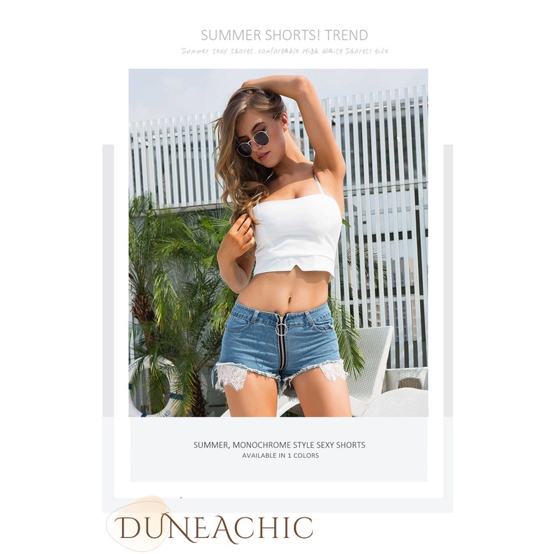DUNEA Quần Short Denim Lưng Cao Thiết Kế Xẻ Rách Phong Cách Quyến Rũ