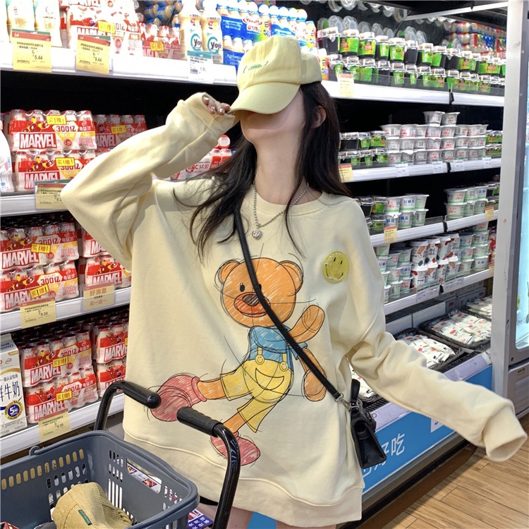 Xiaozhainv Áo nỉ tay dài dáng rộng in hình gấu phong cách Hàn Quốc thời trang xinh xắn cho nữ | BigBuy360 - bigbuy360.vn