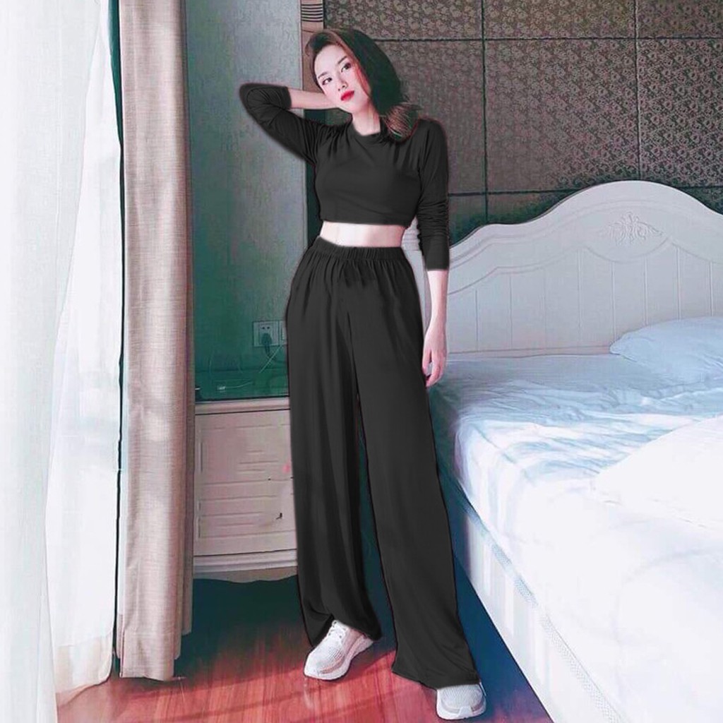 Set Croptop Quần Ống Rộng Đen