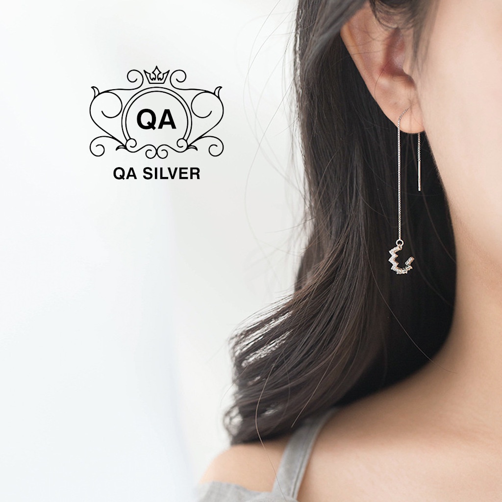 Khuyên tai bạc 925 kẹp vành răng cưa đính đá bông nữ dài S925 ZIGZAG Silver Earrings QA SILVER EA180101