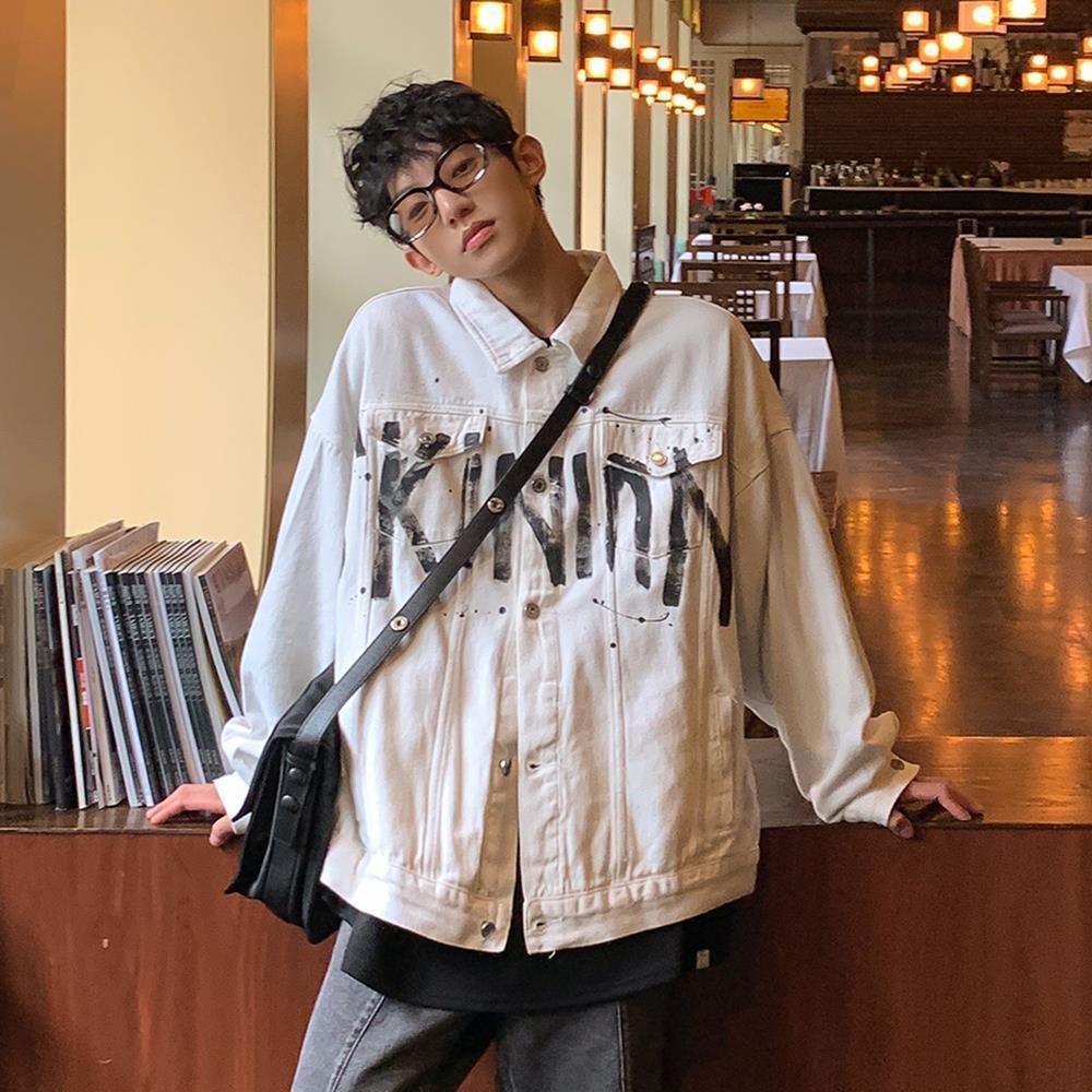 Áo Khoác Denim Dáng Rộng In Chữ Graffiti Phong Cách Đường Phố Mỹ Thời Trang Mùa Xuân Cao Cấp Cho Nam