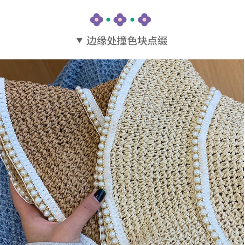 Mũ Cói Rộng Vành Chống Nắng Đính Ngọc Trai Thời Trang Đi Biển Mùa Hè Cho Nữ