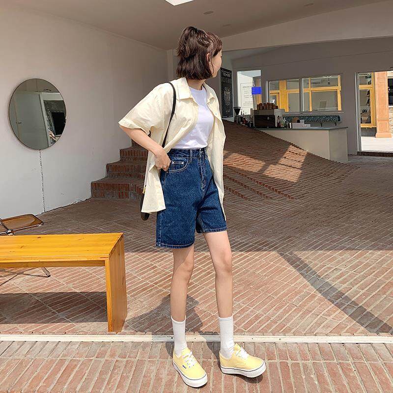 Quần Short denim Lưng Cao Ống Rộng Màu Xanh Dương Đậm Thời Trang Cho Nữ