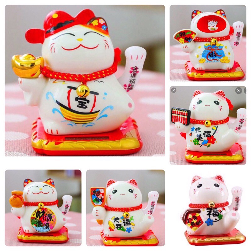 Mèo thần tài, mèo may mắn Maneki Neko vẫy tay năng lượng mặt trời 10cm