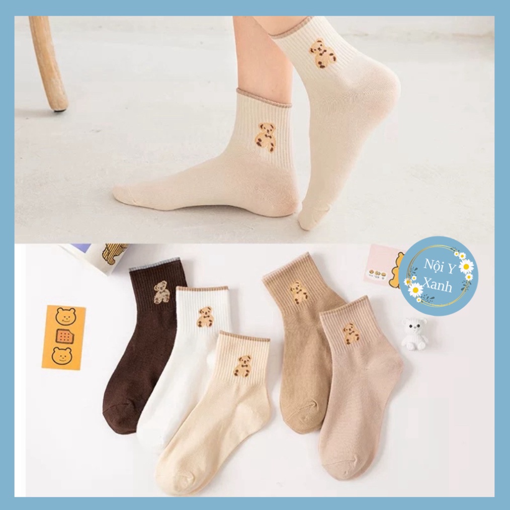 Tất dệt kim cổ cao thêu gấu Phong Cách Vintage Hàn Quốc Mẫu tcc2 Nội Y Xanh chất thoáng mát cao cấp