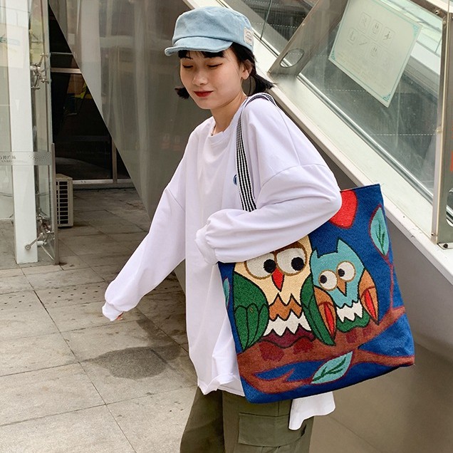 Túi Tote Vải Canvas Thêu Hình Chim Cú Mèo Thời Trang Đeo Chéo GN11-I