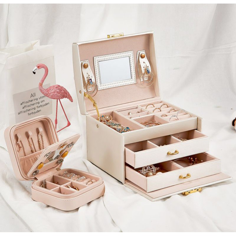 Hộp đựng trang sức cao cấp kèm ngăn kéo và khóa thời trang - Tủ để hoa tai, mỹ phẩm xinh có thể mang đi du lịch tiện lợi