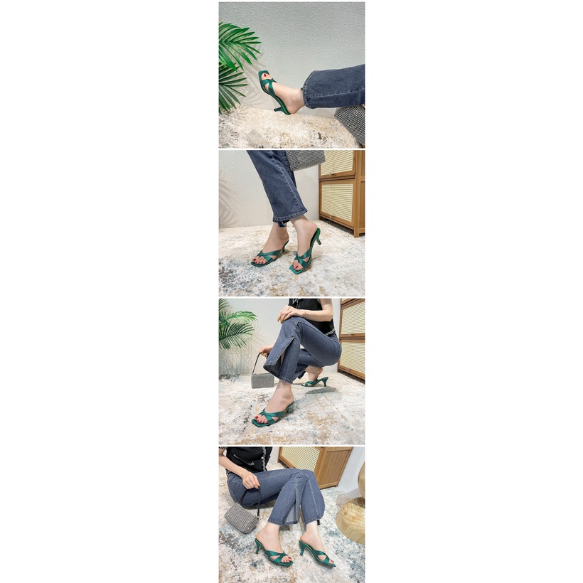 Giày Cao Gót Da Satin Mũi Vuông Thời Trang Dành Cho Nữ 2.56 Inches