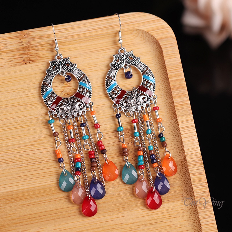 GETNOIVAS Đôi bông tai hợp kim đính đá hình giọt nước phối tua rua phong cách cổ điển thời trang cho nữ