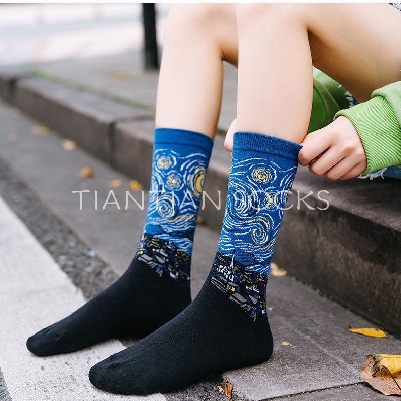 TIANTIAN T051 Vớ nữ Cotton Tất cao cổ Cổ Vừa In Họa Tiết Tranh Sơn Dầu Phong Cách Đường Phố Châu Âu Thời Trang Mùa Hè Cho Nam Và Nữ