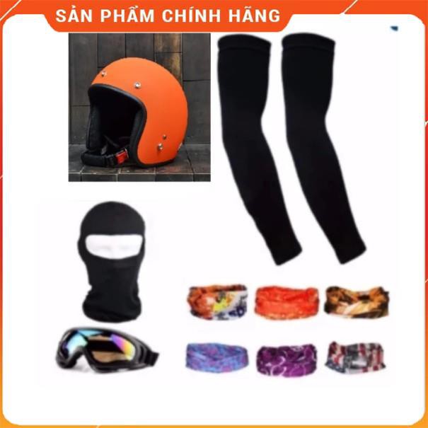 Bộ 1 nón bảo hiểm 3/4 đầu (Cam) + 1 mũ ninja + 1 đôi bao tay chống nắng + 1 kính phượt + Tặng 1 khăn phượt đa năng