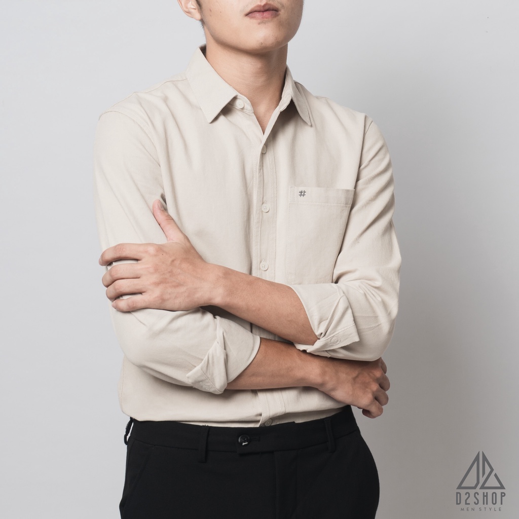 Áo sơ mi nam D2shop, áo sơ mi nam dài tay, vải xéo dày, đắp túi #, màu ivory