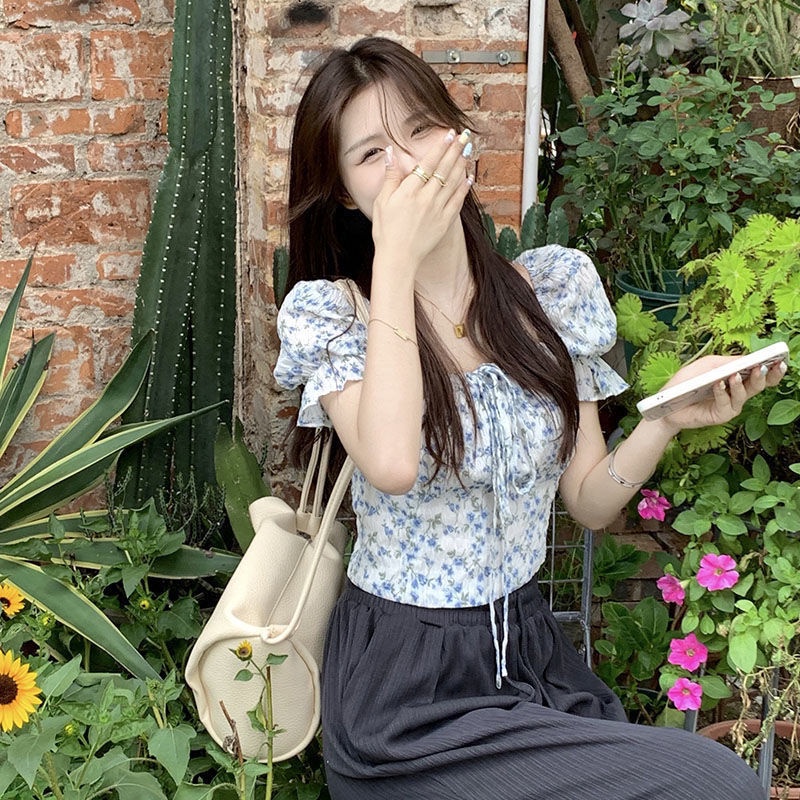 Áo chiffon Cổ Vuông Tay Phồng In Họa Tiết Hoa Thời Trang Pháp 2022 Cho Nữ