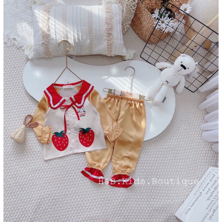 Bộ lụa 2 quả dâu dài tay bé gái