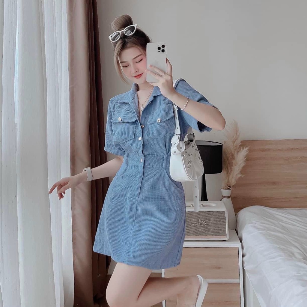 Váy đầm nữ dáng suông sơ mi phối túi đính nút xinh xắn