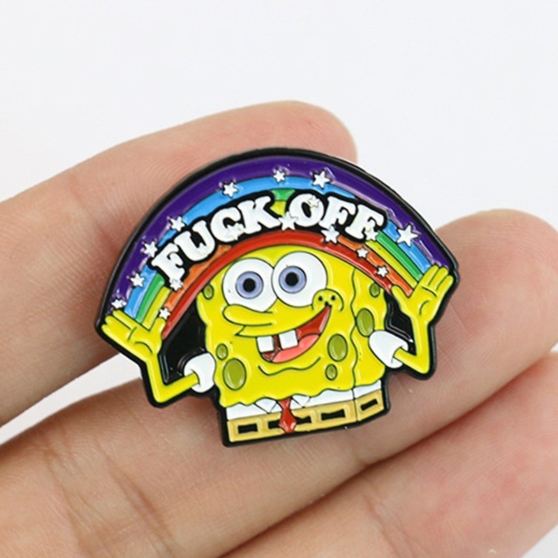 Trâm Cài Áo QIHE JEWELRY Họa Tiết Nhân Vật Spongebob Hoạt Hình Phối Chữ Và Cầu Vồng Tráng Men Vui Nhộn