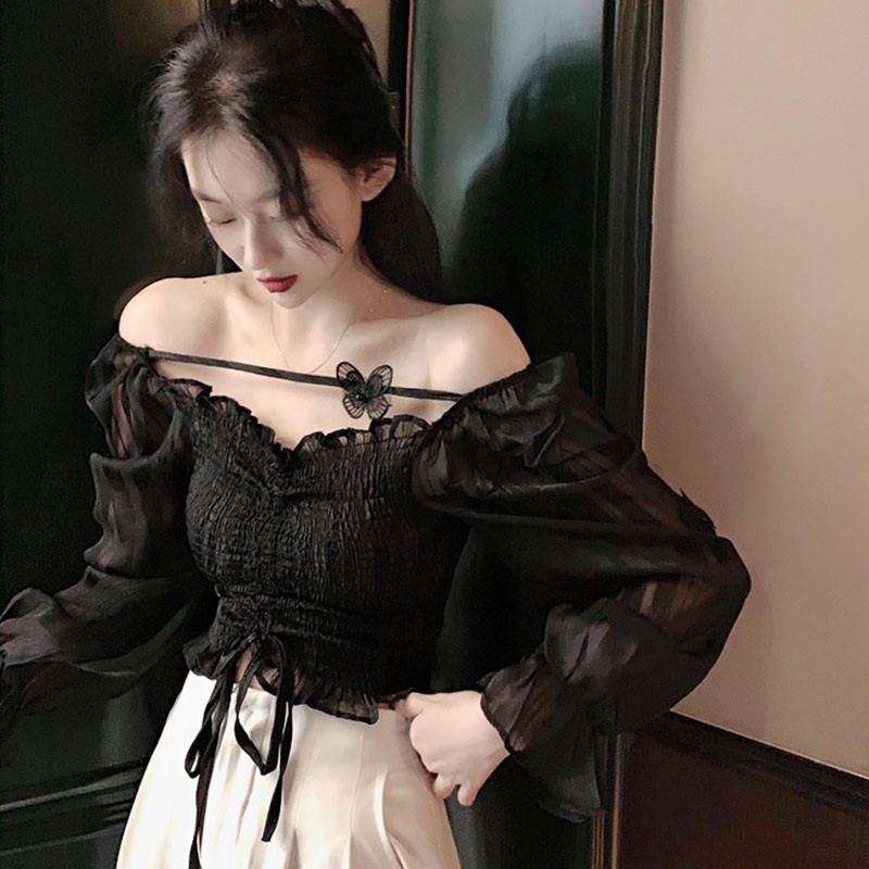 Women's Solid V Neck Butterfly Appliques Sexy Long Sleeve Chiffon Shirts Blouses