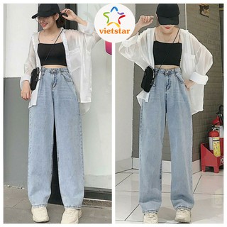 Quần jean ống rộng nữ lưng cao VIETSTAR quần bò ống rộng cạp cao trơn Basic tôn dáng