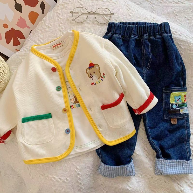 Áo Thun Tay Dài Cổ Chữ V Cài Nút Họa Tiết Gấu Hoạt Hình Thời Trang Mùa Xuân Cho Bé Gái