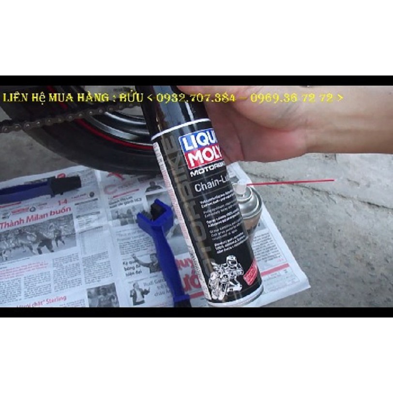 Chai xịt bôi trơn sên xích Liqui Moly 1508 và cọ chà sên.