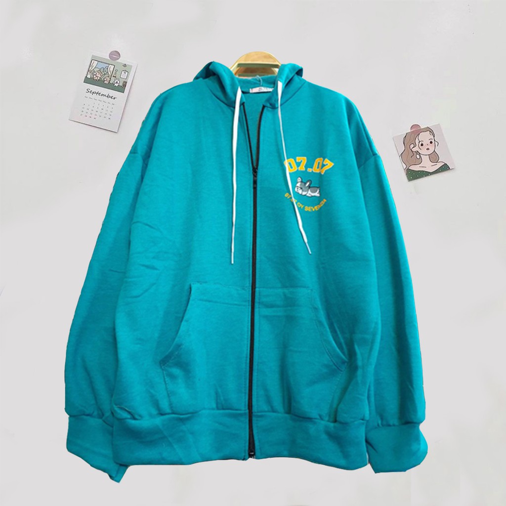 Áo Hoodie Unisex nam nữ form rộng có dây kéo, nón 2 lớp chui đầu 07.07 BY SENVENZIA LAZY PUPPY Ulzzang-Xanh Thiên Thanh