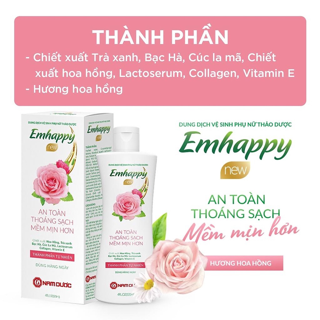 Dung dịch vệ sinh phụ nữ Emhappy Nam Dược hương hoa hồng chai 120ml