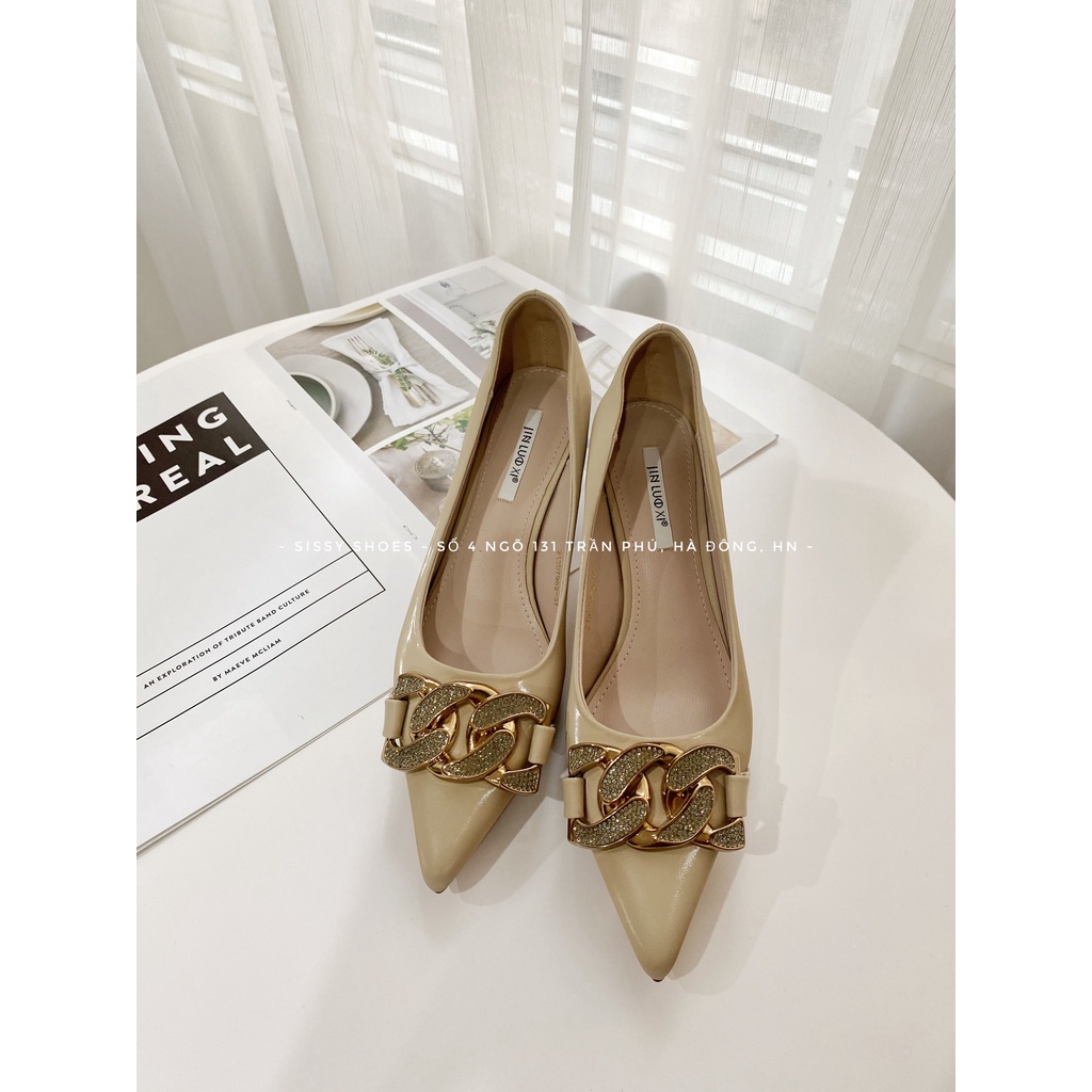 NEW Giày Cao gót Jin satin Khóa xích đá Màu Đen/Trắng. Giày Công sở Mũi nhọn Gót 6-7cm SP327
