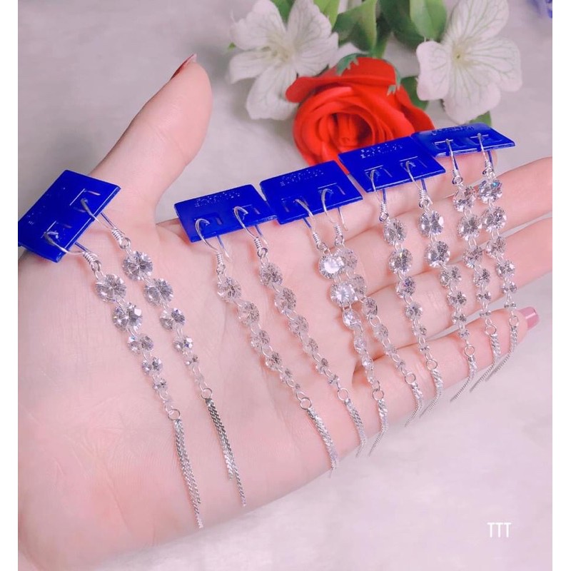 Bông tai nữ tua đá kim cương nhân tạo lấp lánh móc chuẩn bạc ta