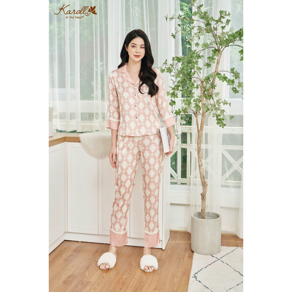 Bộ lụa luxury Karoll quần dài tay lỡ họa tiết mây cổ pijama NH22.061