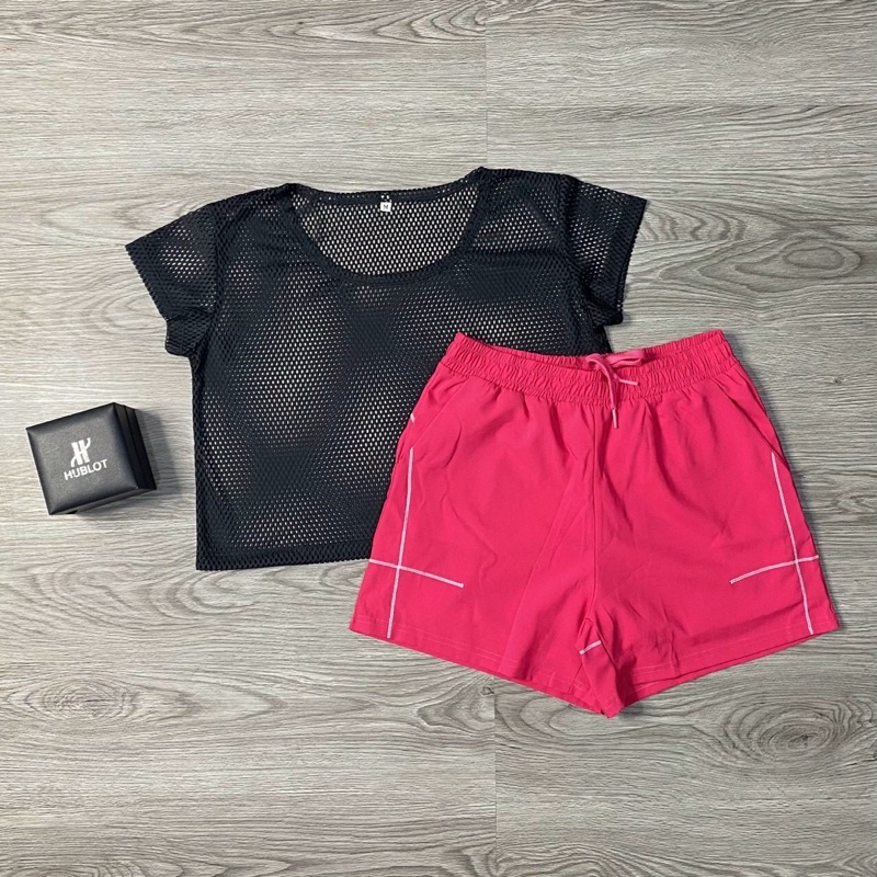 Bộ đùi dù 2 lớp viền chỉ kèm áo lưới siêu xinh tập gym yoga nữ