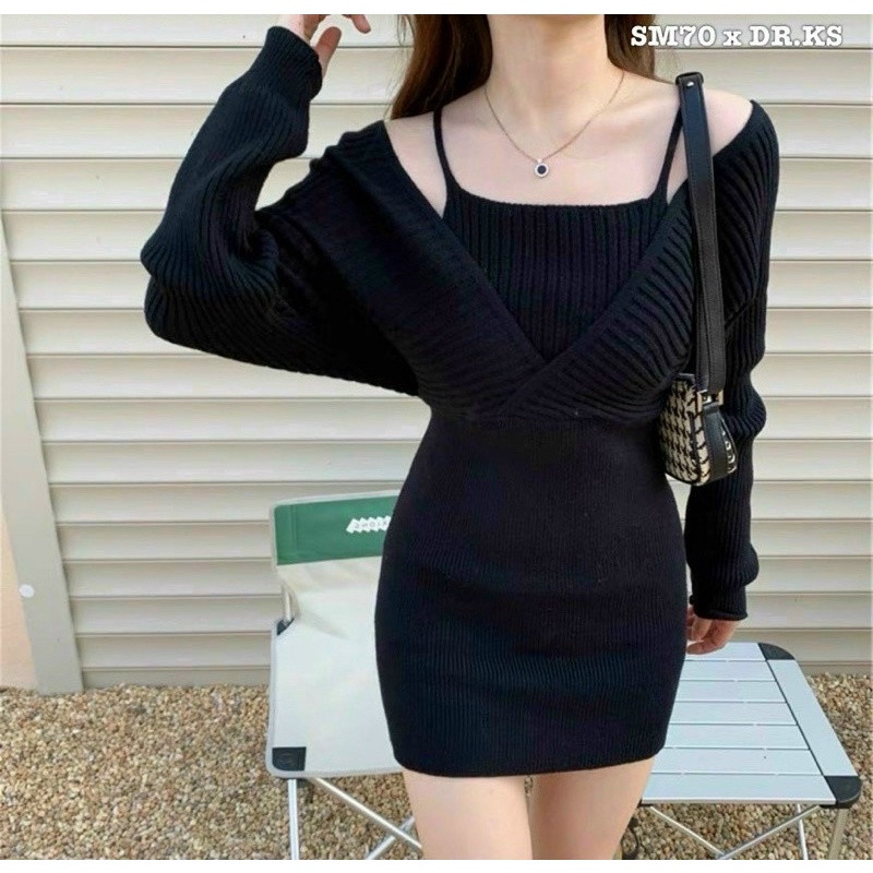 Đầm len gân ôm body kiểu trễ vai thời trang mùa đông dành cho nữ