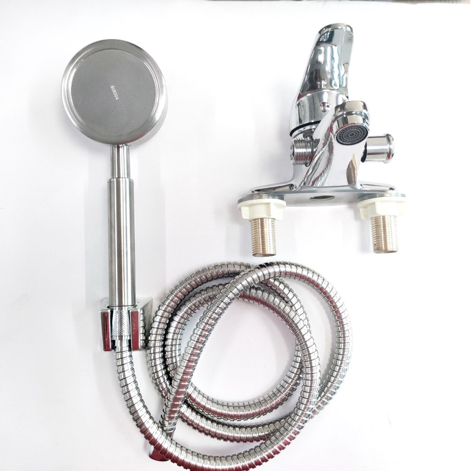 Bộ vòi Lavabo Nóng Lạnh liền sen 2 chân đồng và bộ tay sen inox 304 tròn dày