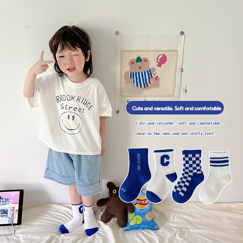 Set 4 đôi vớ thể thao AYUER cotton thoáng khí thời trang dành cho trẻ em