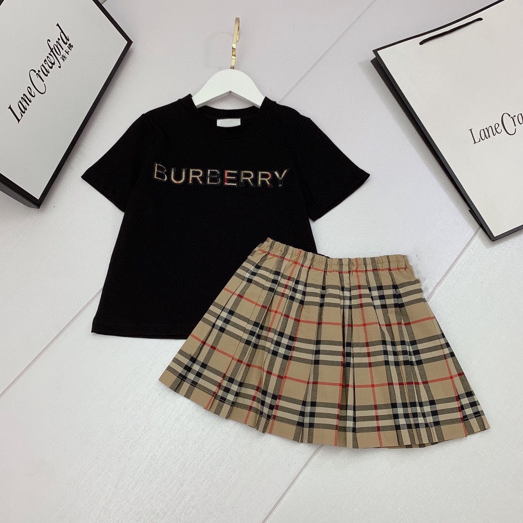 Burberry Set Áo Thun Ngắn Tay + Chân Váy Caro Thời Trang Cho Bé Gái