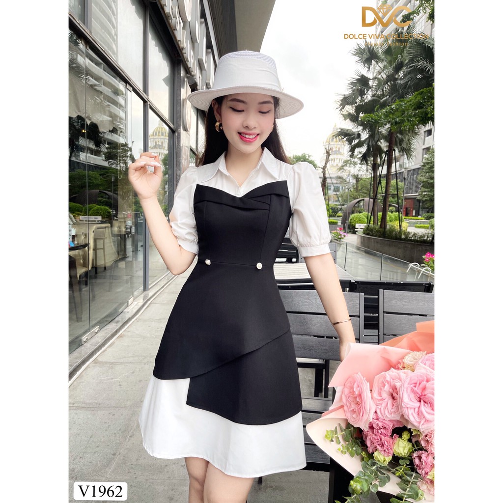 Váy đen phối trắng cổ sơ mi V1962 - DOLCE VIVA COLLECTION | BigBuy360 - bigbuy360.vn