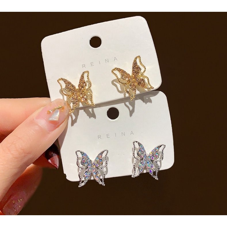 Bông tai hình bướm hợp kim mạ bạc lấp lánh sang chảnh thời trang YU41