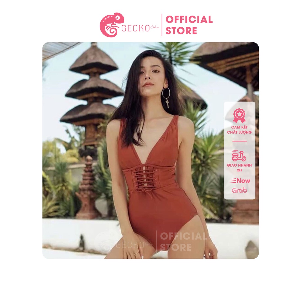 Bikini Đồ Bơi 1 Mảnh Cam Đất Xẻ Ngực Đóng Khuy GK0117 (Ảnh Thật)