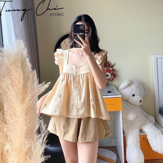 Set đồ nữ,bộ đồ mặc nhà tay cánh tiên thêu hình ong chất đũi lụa mặc nhẹ thoáng mát thấm hút mồ hôi