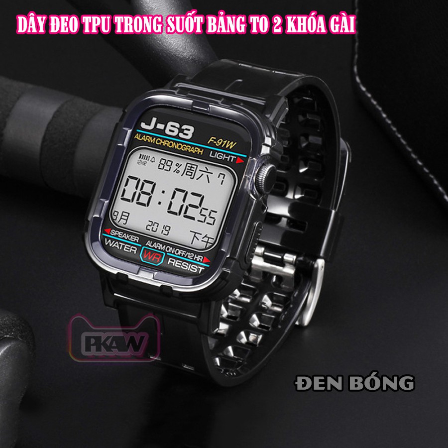 Dây Đeo liền ốp cho Apple Watch 7/6/5/4/3/2/1 size 38/40/41/42/44/45mm nhựa TPU 2 khóa gài_Đen Bóng