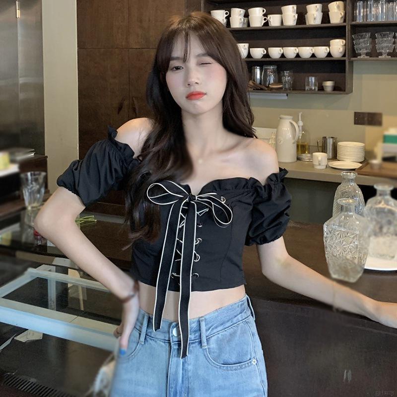 Áo sơ mi chiffon tay ngắn hở cổ tay phồng phối buộc dây thắt nơ phong cách Hàn Quốc ngọt ngào quyến rũ cho nữ